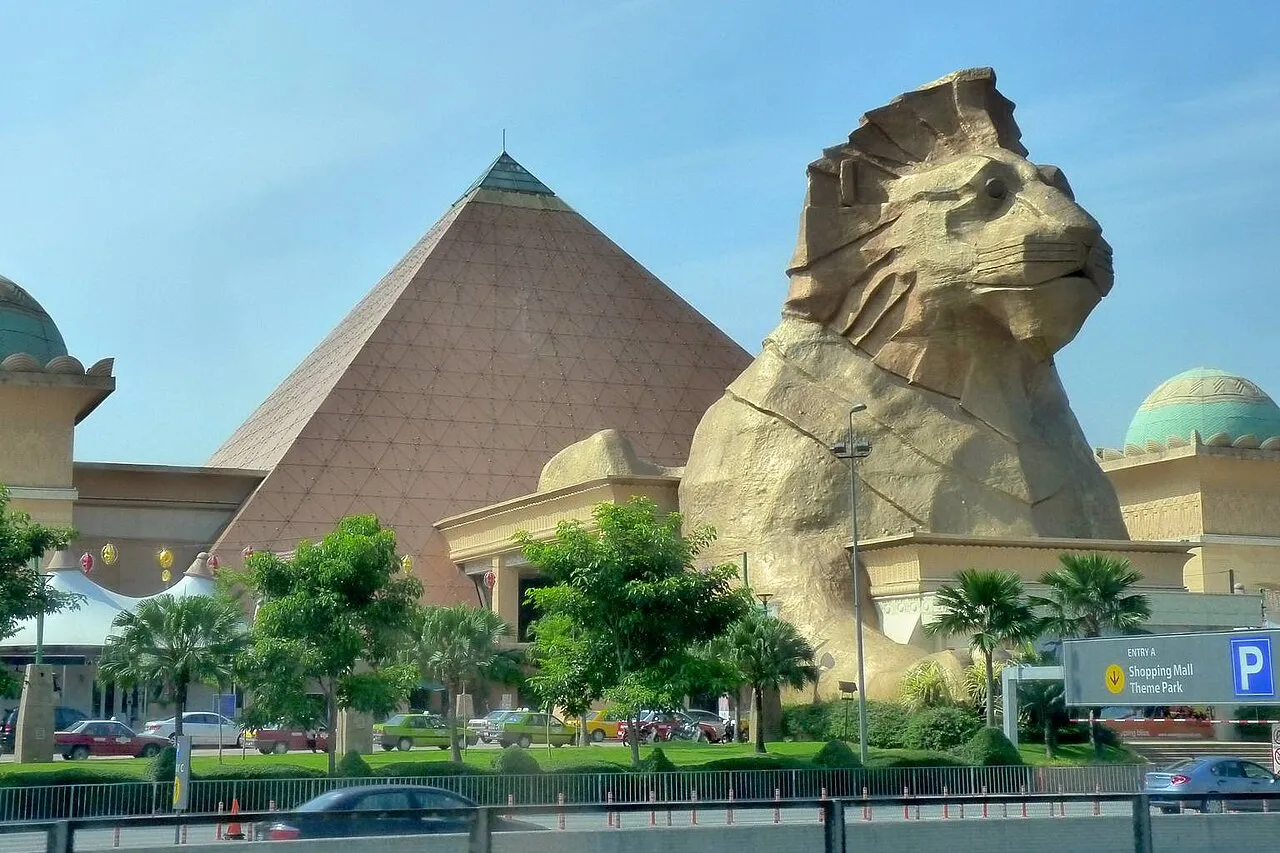 The pyramid entrance and lion sculpture of Sunway Pyramid, the building that holds the ice rink on its lower ground floor. — Sunway Pyramid Ice