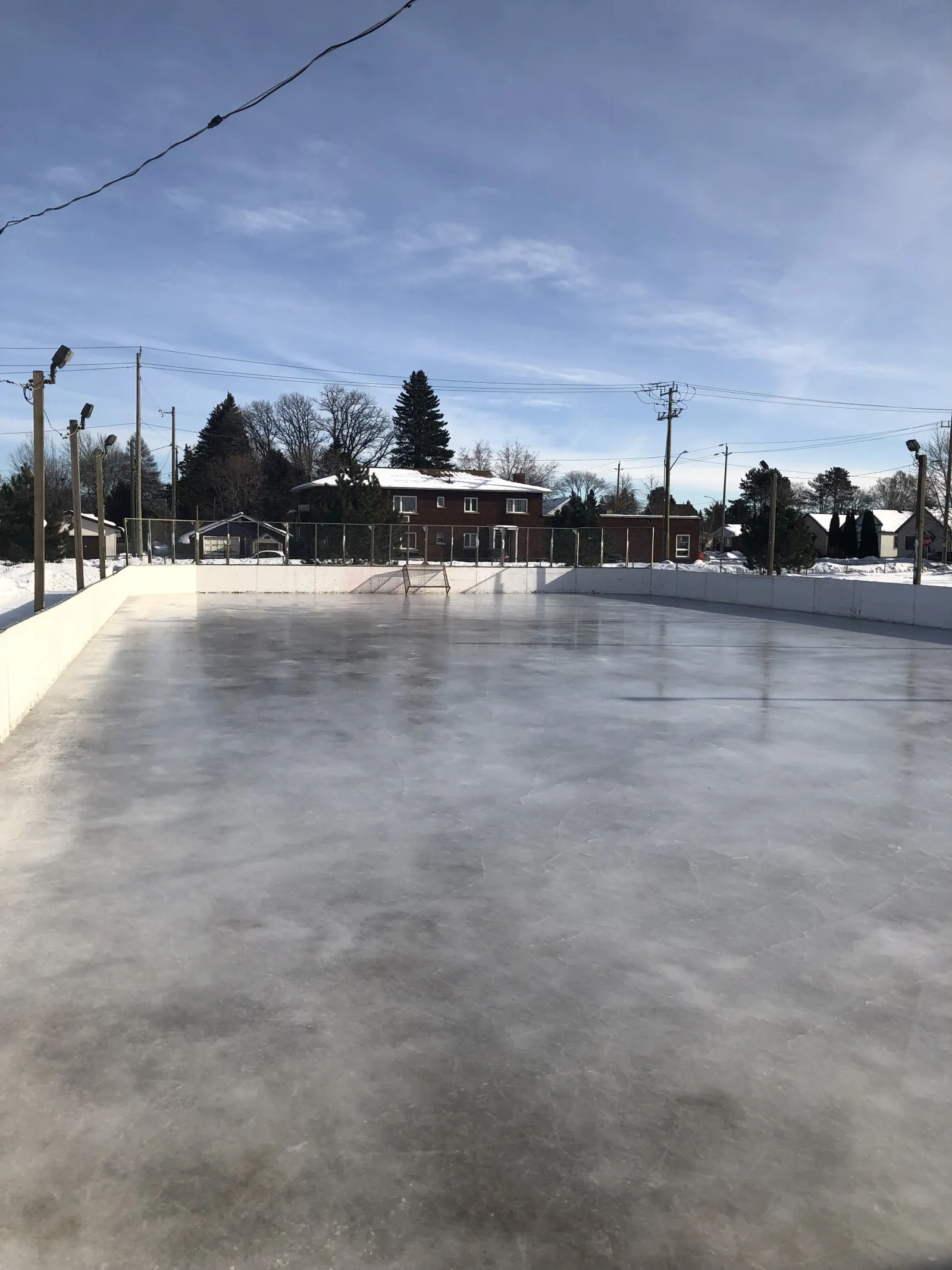 La pista con vallas de Tarbutt Park con hielo liso y casas más allá de las vallas — Tarbutt Park Outdoor Rinks