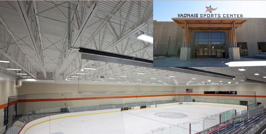 An ice sheet at TCO Sports Garden, with an inset of the entrance under its former Vadnais Sports Center name. — TCO Sports Garden