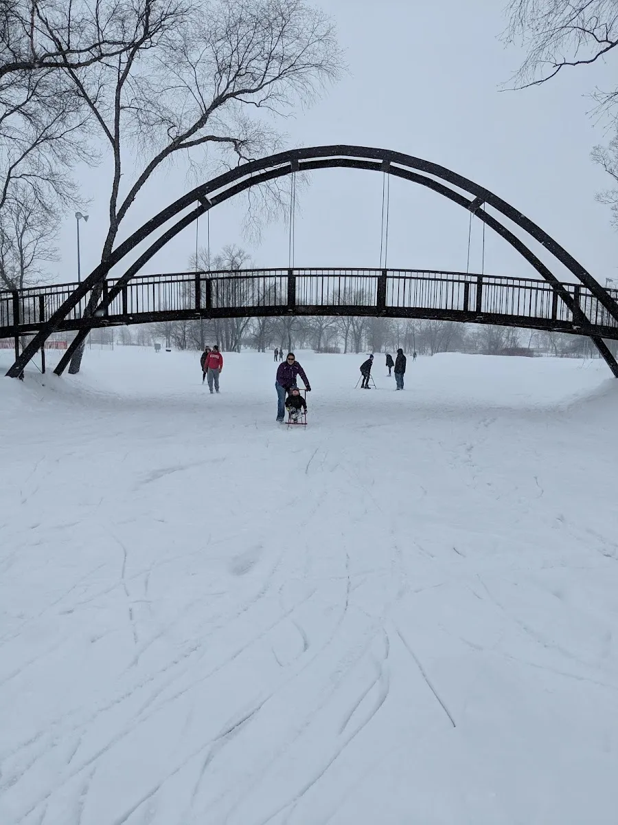 Patinadores en la laguna congelada de Tenney Park, Madison, bajo el puente arqueado del parque (foto del listado de Google Maps) — Tenney Park Outdoor Rinks