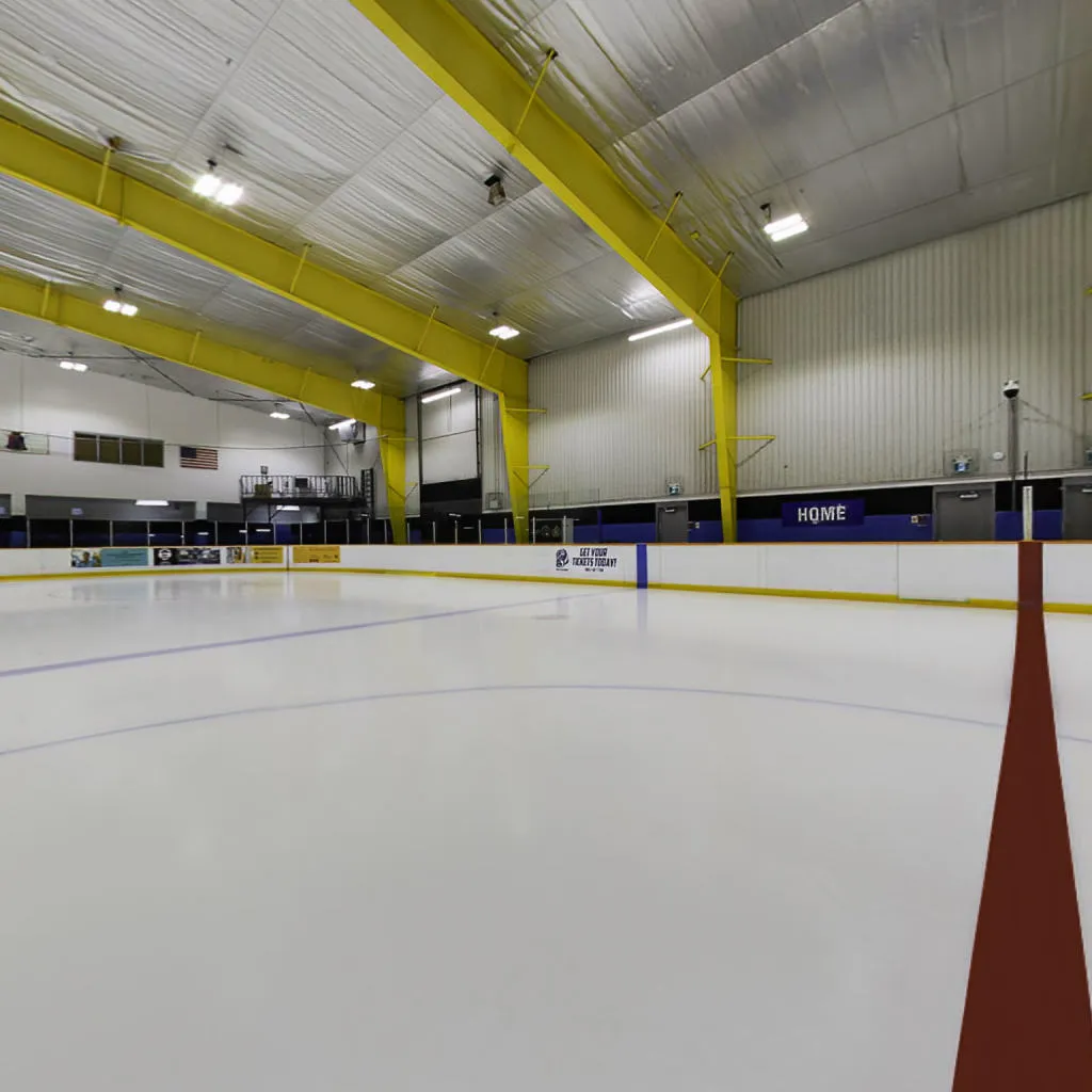 Pista de hielo vacía dentro de la arena, con vallas con un letrero de la banca "HOME", armaduras amarillas en el techo, una bandera de Estados Unidos en la pared del fondo y un marcador; sin personas. — Terry Miller Recreation Centre
