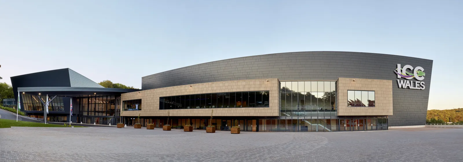 ICC Wales, the Celtic Manor Resort convention centre whose Main Hall holds The Great Skate rink, seen from the car park (the venue's photo) — The Great Skate at ICC Wales
