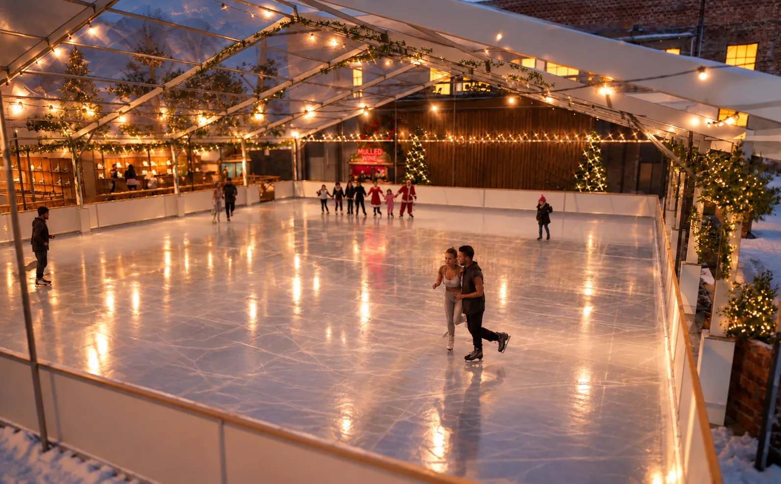 The covered Thor's on Ice rink in York in the evening, with skaters spread across the ice under festive lights and a mulled-wine cabin at the side. — THOR'S on ICE York