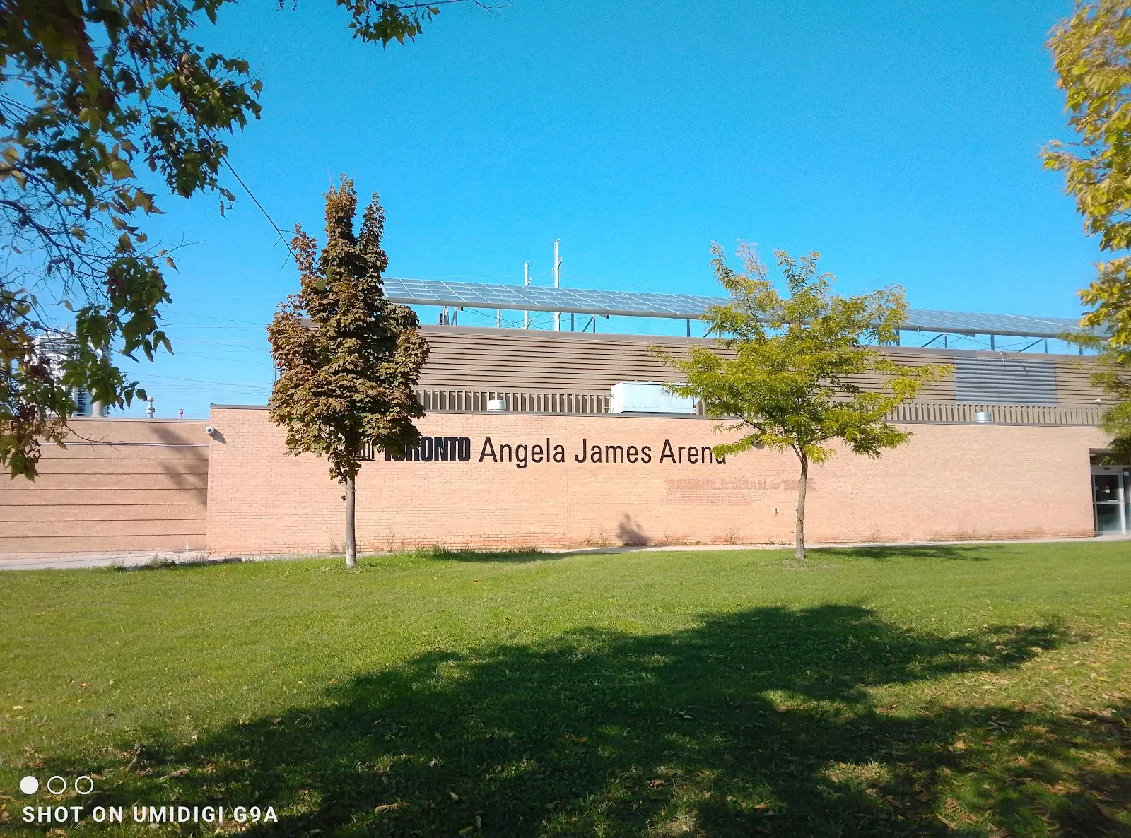 Brick exterior wall of Angela James Arena with "TORONTO Angela James Arena" signage, solar panels visible on the roof above. — Angela James Arena & Tennis Courts