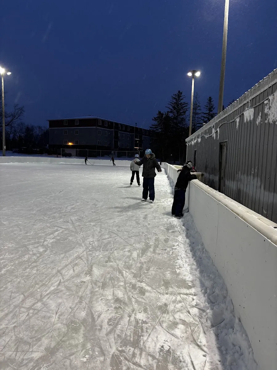 The boarded outdoor rink at Tower Park at dusk, with skate-scarred ice, skaters at the far end, a long building beside the boards and floodlights against a dark blue sky. — Tower Park Ice Rink