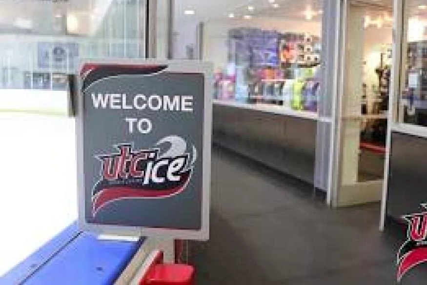 The entrance to UTC Ice inside Westfield UTC, with the rink’s welcome sign. — UTC Ice Sports Center