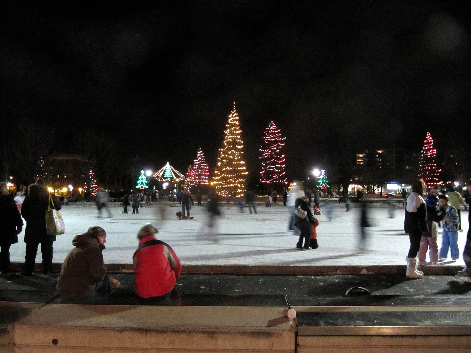 Patinadores en la pista de patinaje al aire libre de Victoria Park, en London (Ontario), de noche, con árboles de Navidad iluminados detrás del hielo. — Victoria Park Outdoor Rink (London)