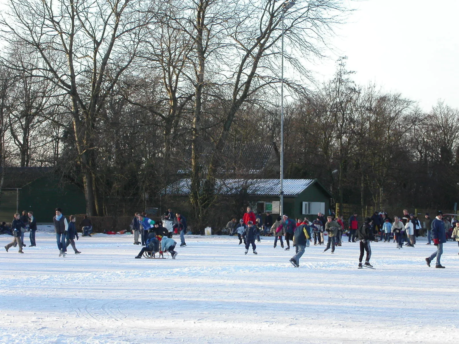 Schaatsers en een slee verspreid over het met sneeuw bedekte ijs van de landijsbaan in Voorhout, met een groene clubhuishut en kale bomen erachter. – Landijsbaan Voorhout (Voorhoutse IJsclub)