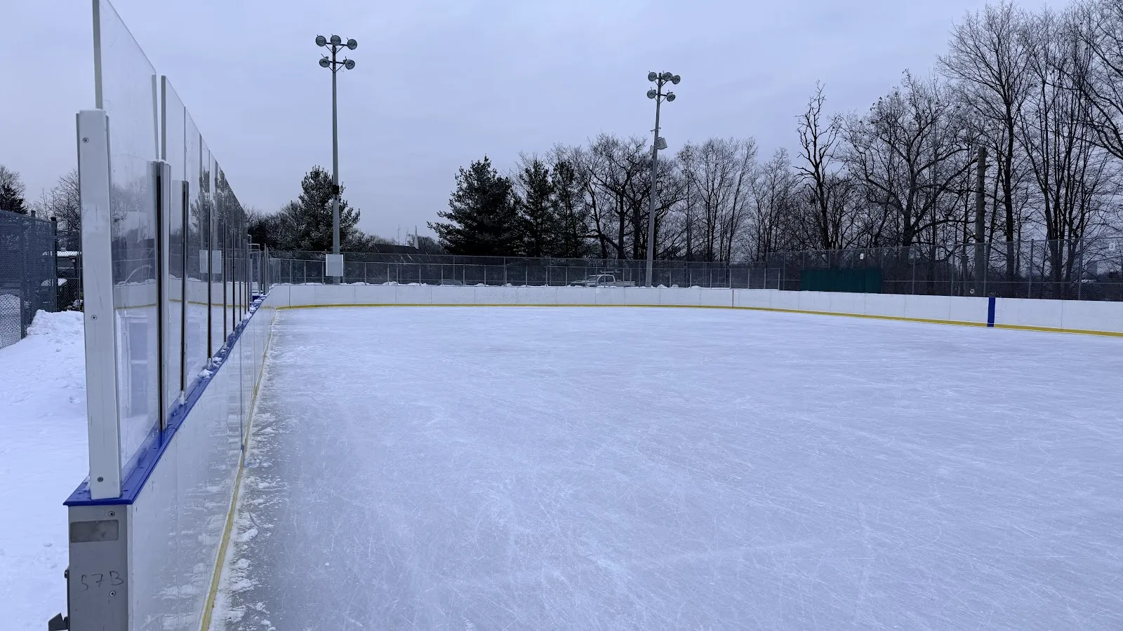 Las bardas, los vidrios y la superficie de hielo de la pista al aire libre de Martingrove en West Deane Park bajo un cielo nublado, sin personas a la vista — West Deane Park (Martingrove) Outdoor Ice Rink