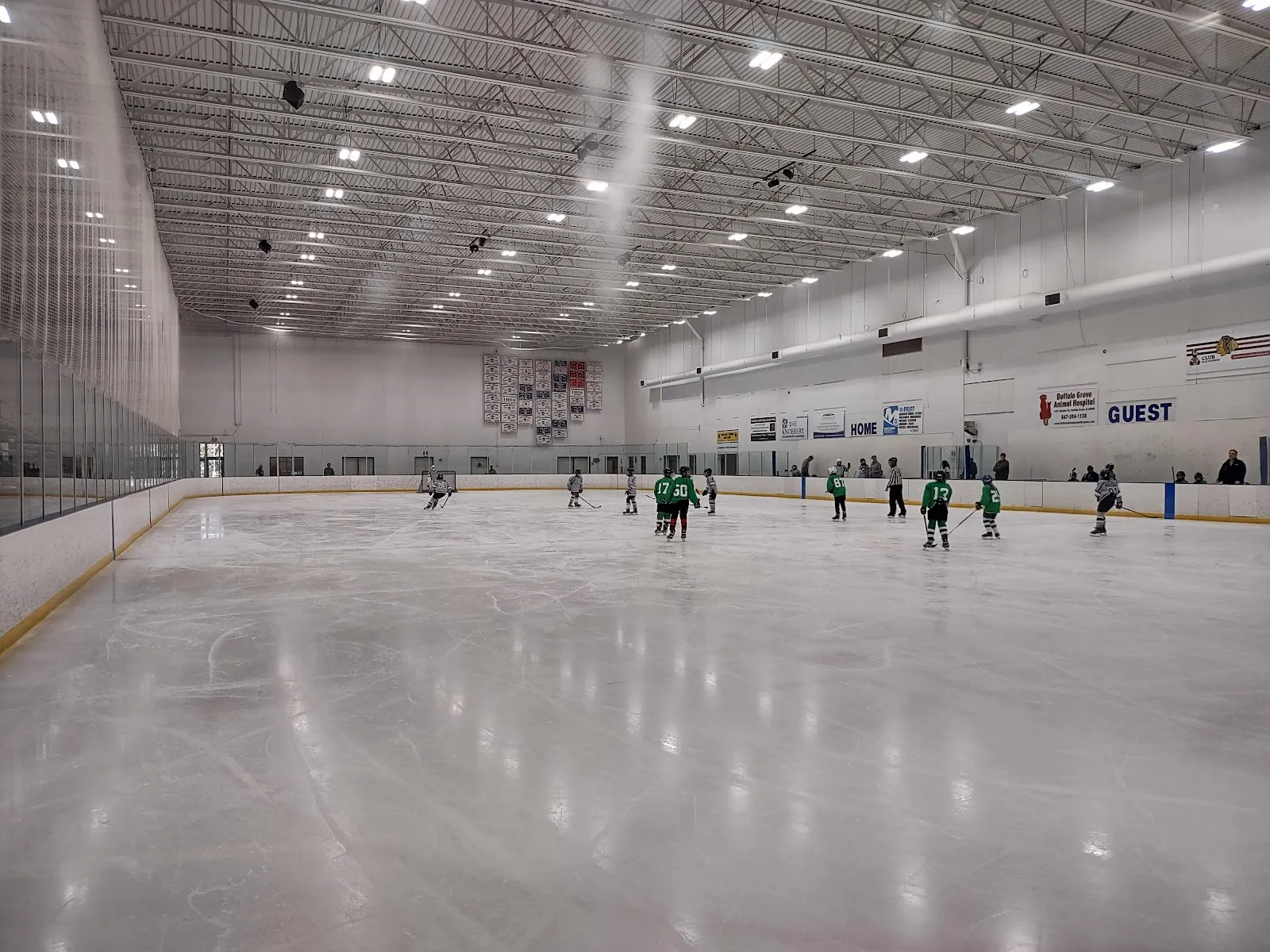 Full ice sheet at West Meadows Ice Arena during a youth hockey game, exposed steel roof trusses and rows of overhead lights, rink-board sponsor signage (Buffalo Grove Animal Hospital, Home/Guest team boxes), players in green and white jerseys spread across the ice. — West Meadows Ice Arena