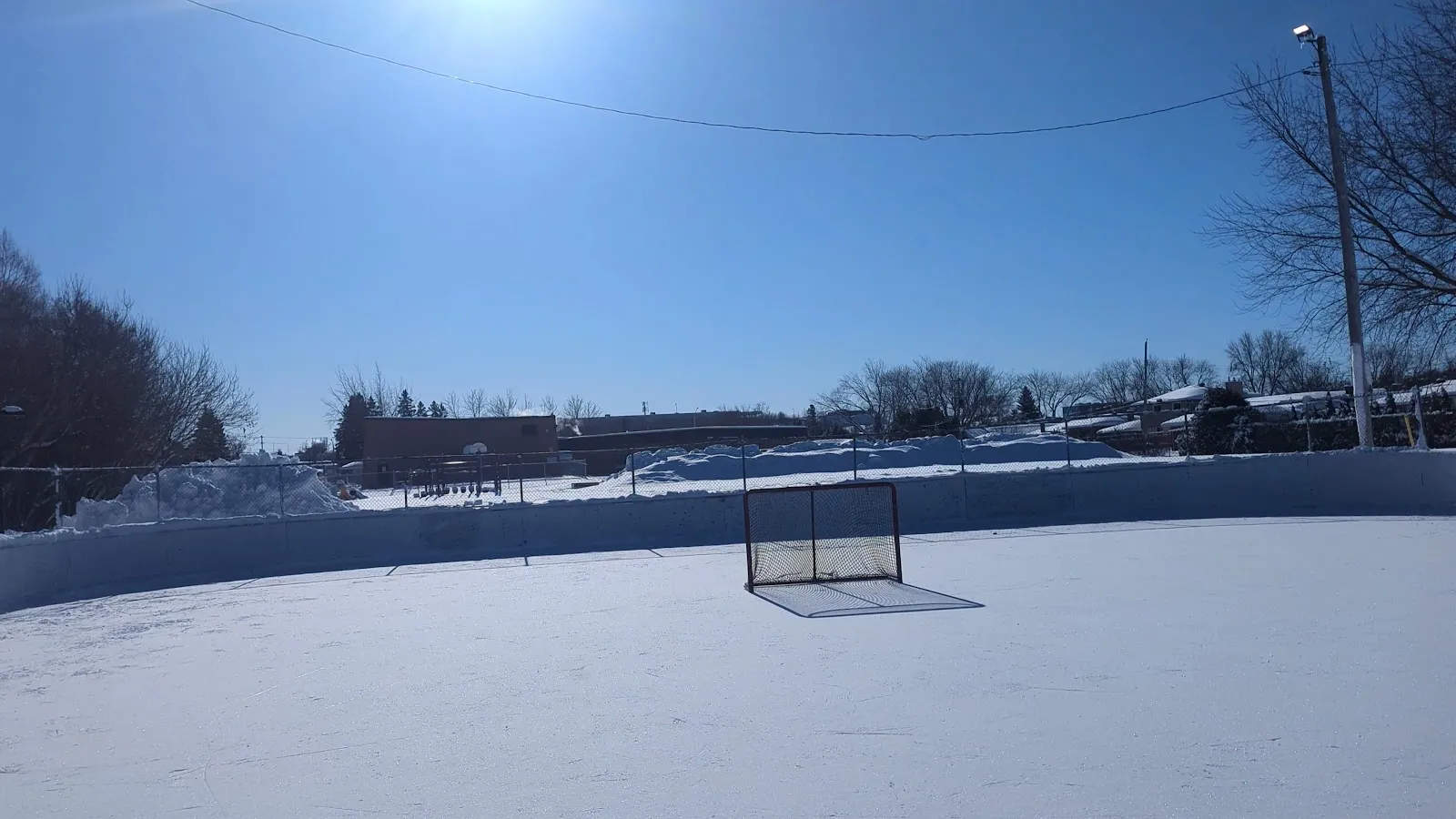 The rink's ice surface under a clear sky, with a hockey net and the boards behind it. — Westmount Community Centre Outdoor Rink