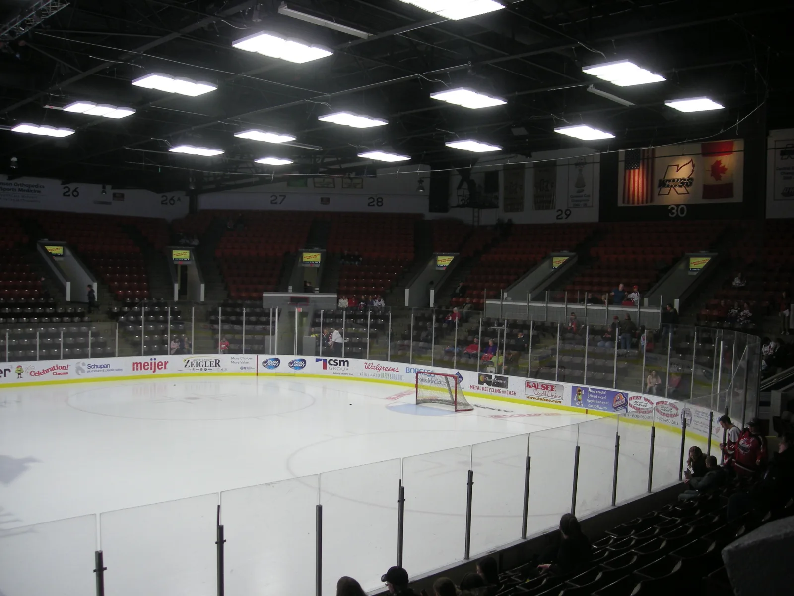The main arena sheet and seating bowl at Wings Event Center during a Kalamazoo Wings game — Wings Event Center