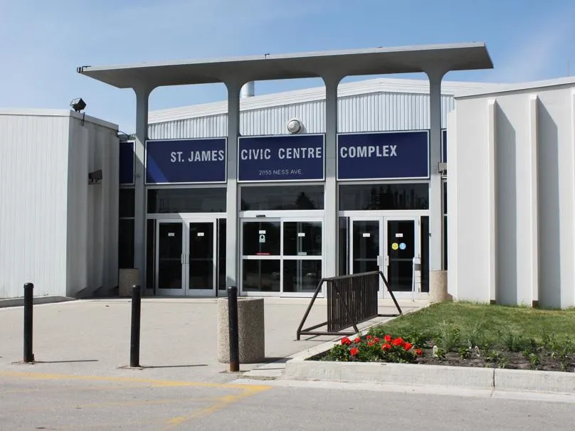Front entrance of the St. James Civic Centre Complex at 2055 Ness Ave., home of Ab McDonald Arena, with its name over the glass doors. — Ab McDonald Arena