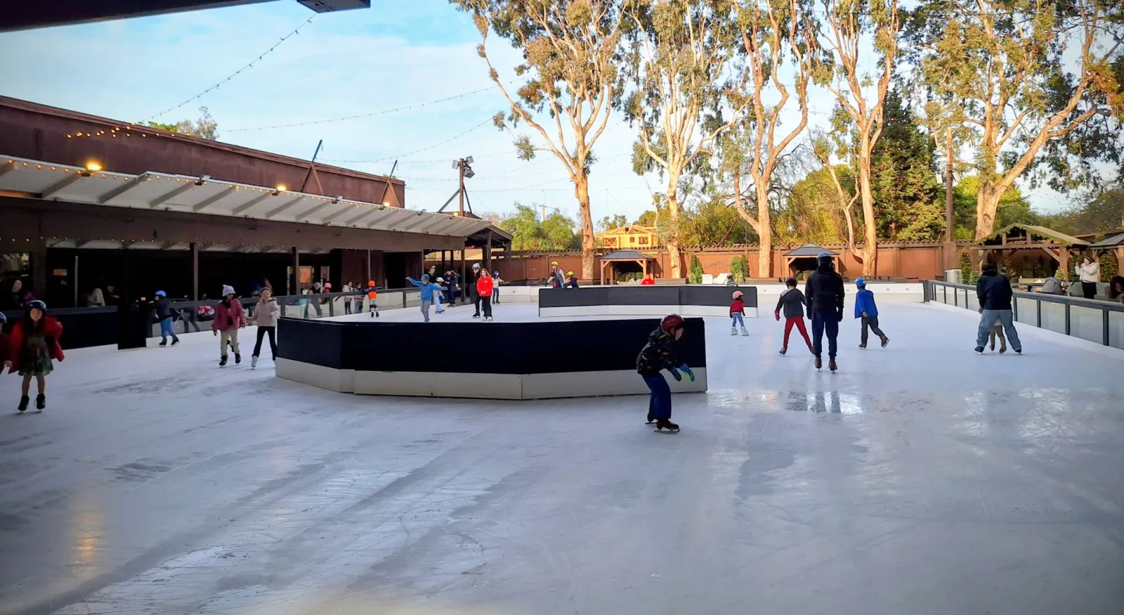 Patinadores en la pista exterior, con una isla baja de barrera negra en medio, el área techada de botanas a la izquierda y eucaliptos detrás. — Winter Lodge