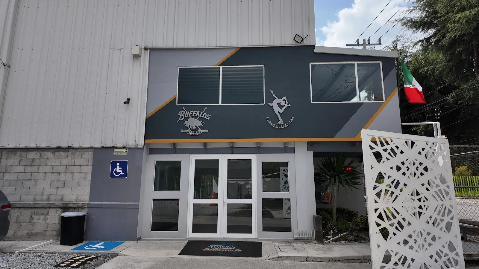 La entrada del Winter Sports Center, con los emblemas de hockey sobre hielo y patinaje artístico de los Buffalos sobre las puertas de vidrio — Winter Sports Center Metepec
