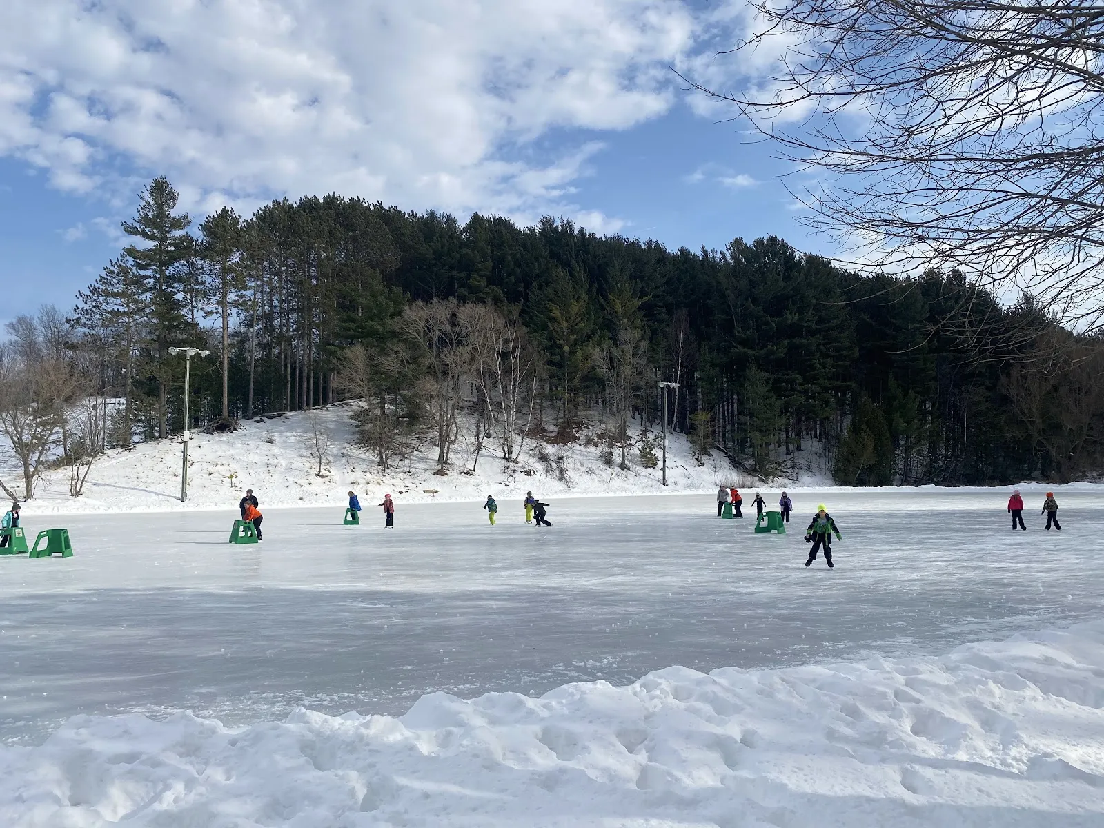 Many distant skaters on the groomed ice with the wooded hillside behind — Winter Sports Park