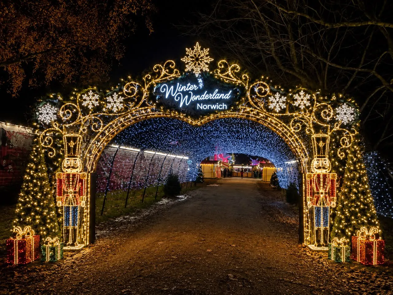 The Winter Wonderland Norwich entrance arch and light tunnel at the Norfolk Showground — Winter Wonderland Norwich Ice Rink