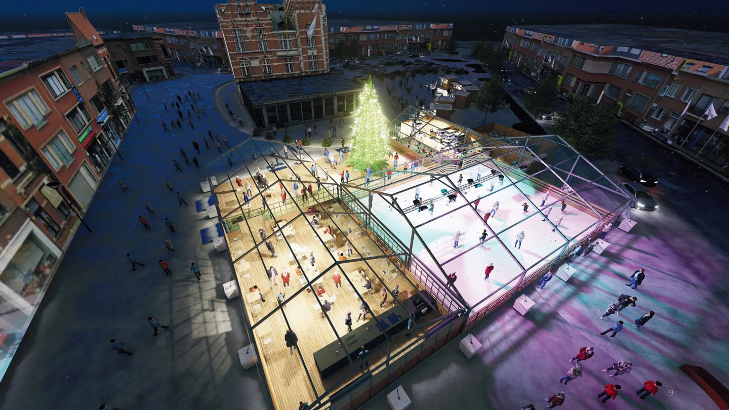 Evening view from above of the Wintergem rink pavilion on the Gemeenteplein in Edegem, with the lit Christmas tree and the roofed ice – Wintergem Edegem