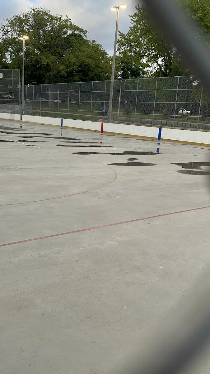 La plataforma de concreto, las bardas y los reflectores de la pista de Withrow Park en verano, antes de que se haga el hielo, sin personas a la vista — Withrow Park Outdoor Ice Rink