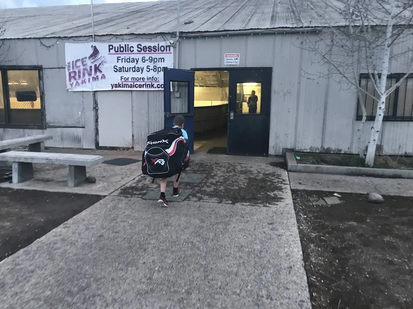The entrance of Ice Rink Yakima with its public-session banner — Yakima Ice Rink