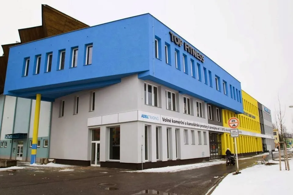 The blue-and-white front of the winter stadium building in Uherské Hradiště — Zimní stadion Uherské Hradiště